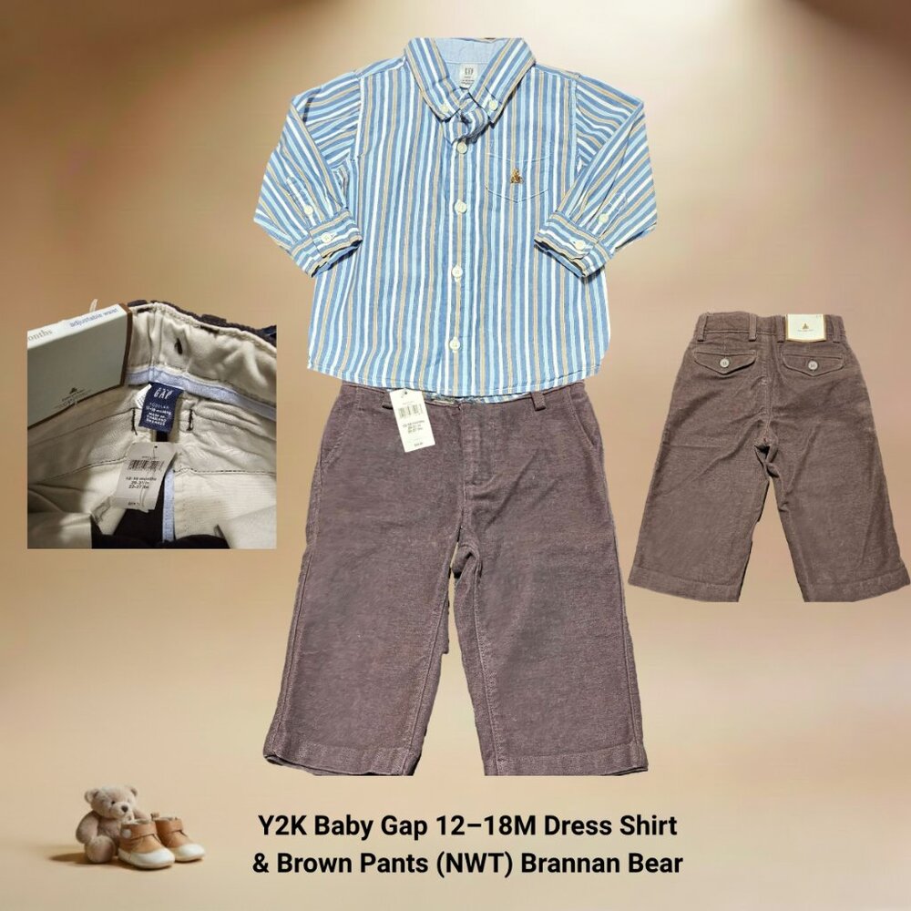 Y2K Baby Gap 12–18M Dress Shirt & Brown Pants Outfit Set NWT Brannan Bear